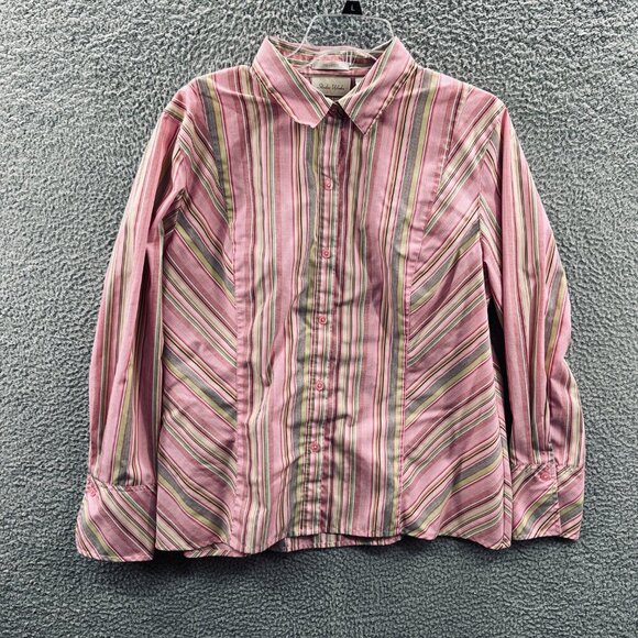 Studio Works Womens Top Extra Large‎ Pink Striped Long Sleeve Shirt No Iron - Picture 1 of 9